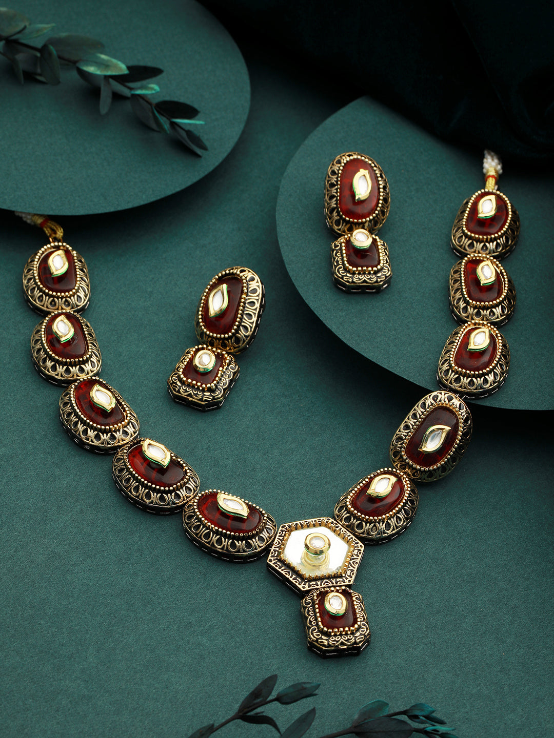 Gold Toned Red KundanStudded & Beaded Jewellery Set, zaveri pearls, sale price rs, sale price, sale gold plated, sale gold, sale, rubans, ring, regular price, priyassi jewellery, kushal's - S